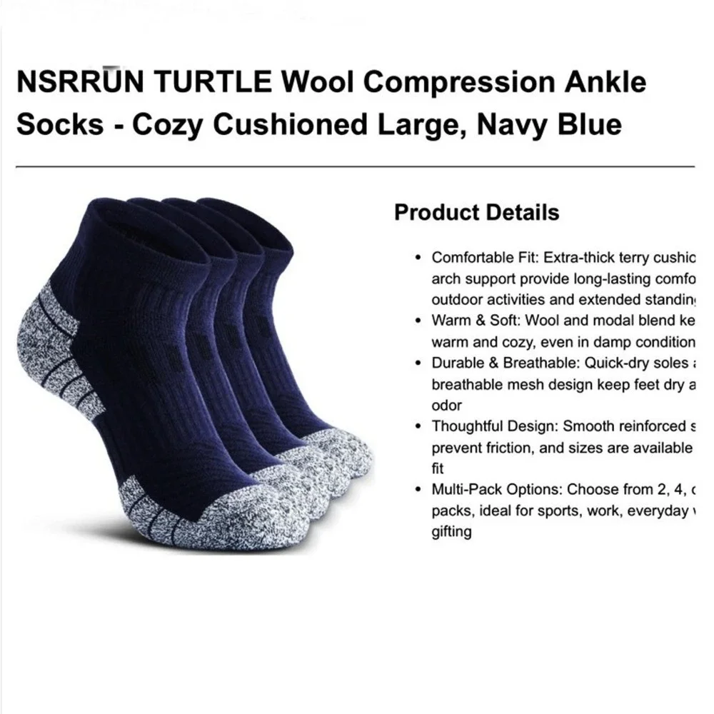 NSRRUN Turtle Wool Compression 4 Pack Running‎ Socks XL Cushioning Arch Support